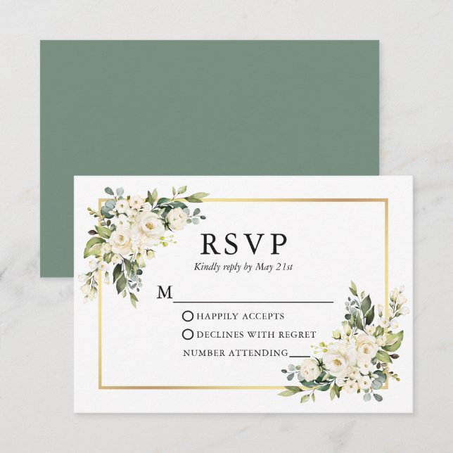 Wedding Watercolor White Floral Gold Sage Green RSVP Card (Front/Back)