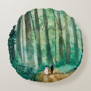 Wedding Watercolor woodland landscape hand painted Round Cushion