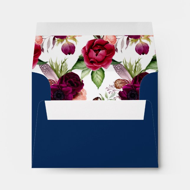 Wedding watercolored florals burgundy navy blue envelope (Back (Bottom))