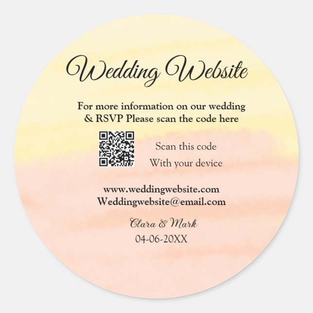 Wedding website add Q R code scan add name date ye Classic Round Sticker (Front)