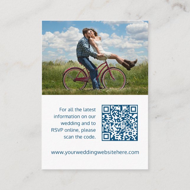 Wedding website blue white heart QR code Enclosure Card (Back)