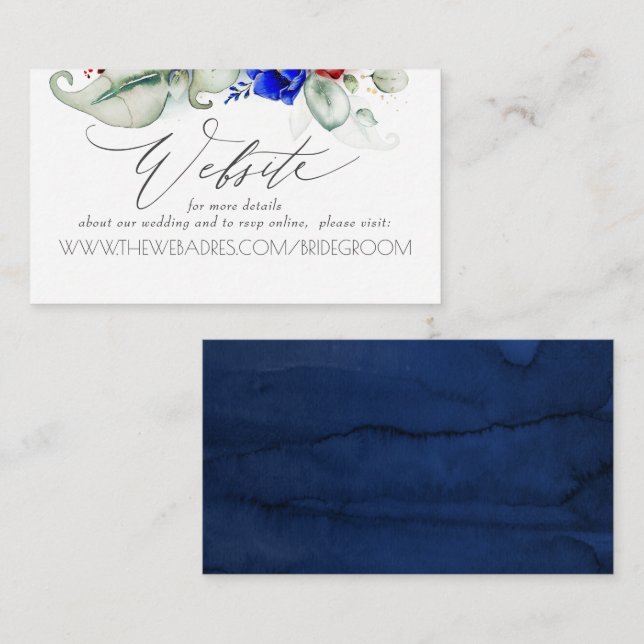 Wedding Website Burgundy and Navy Blue Floral Business Card (Front/Back)