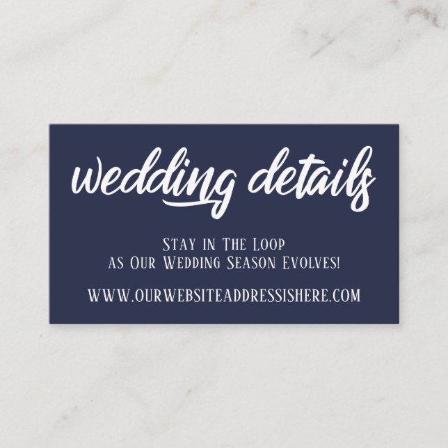 Wedding Website Details in Elegant Script, Navy Enclosure Card (Front)