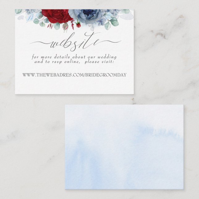 Wedding Website Dusty Blue Red Flowers Business Card (Front/Back)