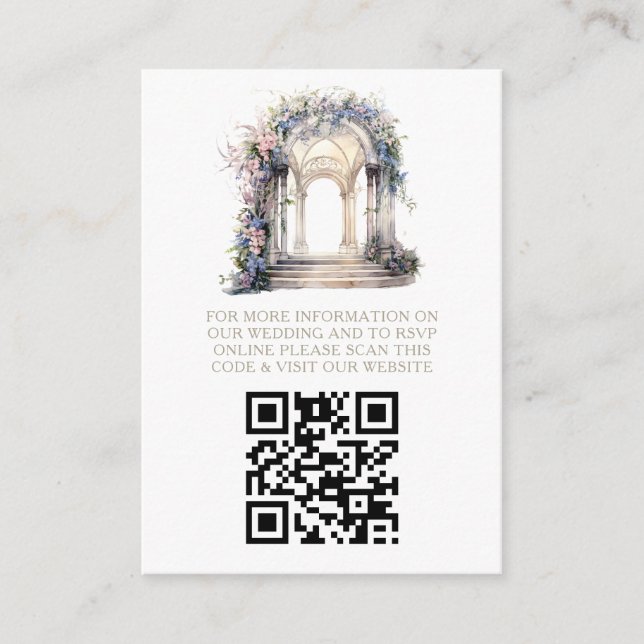 Wedding Website Floral Arch Photo QR Code Enclosure Card (Front)
