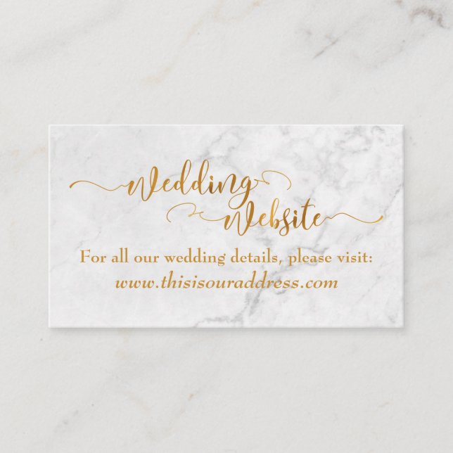 Wedding Website | Gold Foil Script & White Marble Enclosure Card (Front)