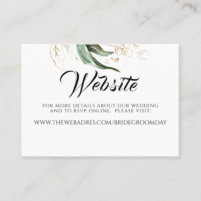 Wedding Website Gold Greenery Business Card (Front)