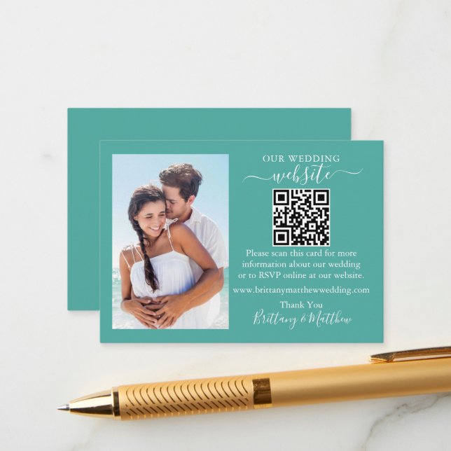 Wedding Website Minimalist Simple QR Photo Teal Enclosure Card (Front/Back In Situ)