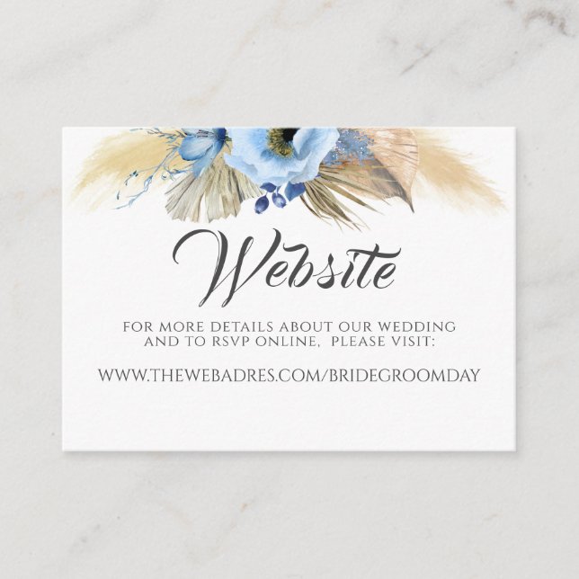 Wedding Website Pampas Grass Dusty Blue Floral Business Card (Front)