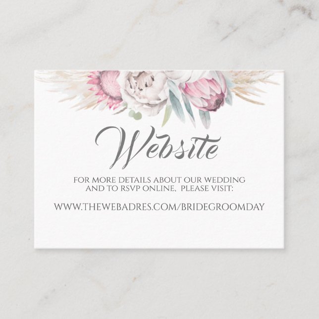 Wedding Website Pampas Grass Pink Exotic Floral Business Card (Front)