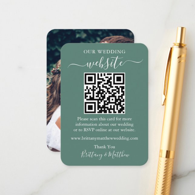 Wedding Website Photo QR Eucalyptus Green Enclosure Card (Front/Back In Situ)