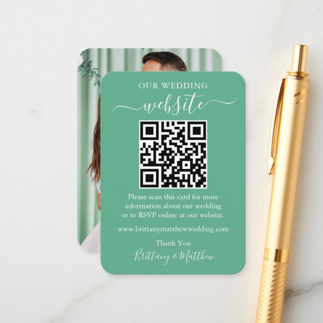Wedding Website Photo QR Neo Mint Green Enclosure Card (Front/Back In Situ)