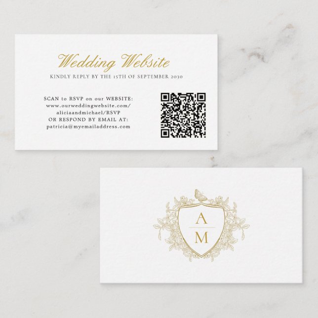 Wedding website QR code crest monogram wedding Enclosure Card (Front/Back)