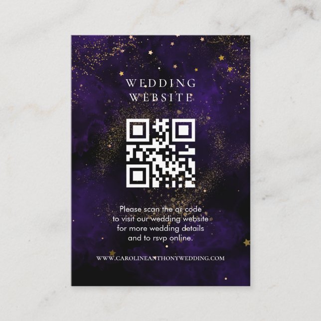 Wedding Website Qr Code Dark Purple Magical Gold Enclosure Card (Front)