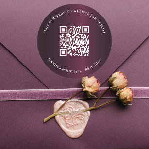 Wedding website QR code details rsvp burgundy Classic Round Sticker