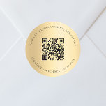 Wedding website QR code details rsvp gold Classic Round Sticker<br><div class="desc">Add your url for your wedding website.  For information,  details,  online rsvp.  A faux gold looking background,  black text.</div>