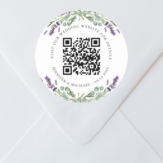 Wedding website QR code details rsvp lavender Classic Round Sticker (Creator Uploaded)