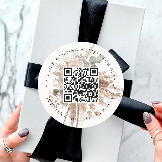 Wedding website QR code details rsvp pampas Classic Round Sticker (Creator Uploaded)