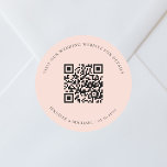 Wedding website QR code details rsvp peach Classic Round Sticker<br><div class="desc">Add your url for your wedding website.  For information,  details,  online rsvp.  A peach coloured background,  black text.</div>