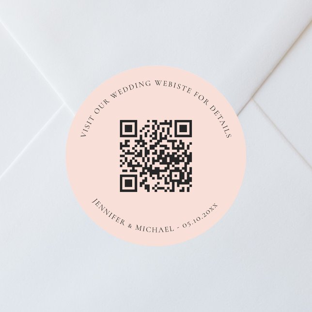 Wedding website QR code details rsvp peach Classic Round Sticker (Creator Uploaded)