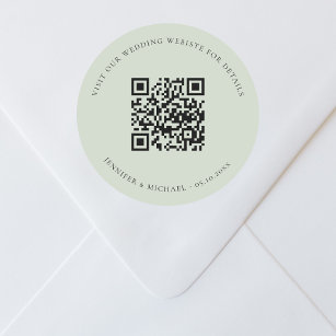 Wedding website QR code details rsvp sage green Classic Round Sticker