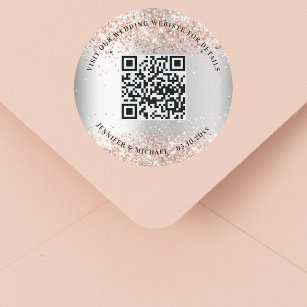 Wedding website QR code details rsvp silver rose Classic Round Sticker