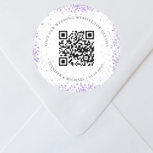 Wedding website QR code details rsvp violet white Classic Round Sticker