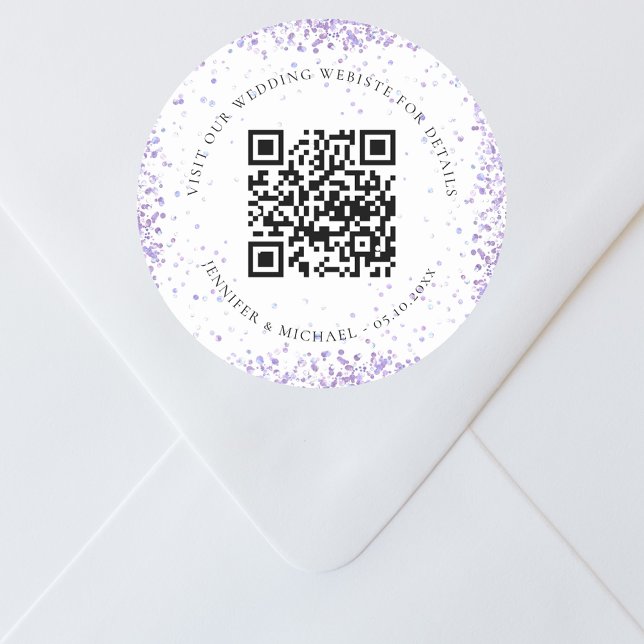 Wedding website QR code details rsvp violet white Classic Round Sticker (Creator Uploaded)