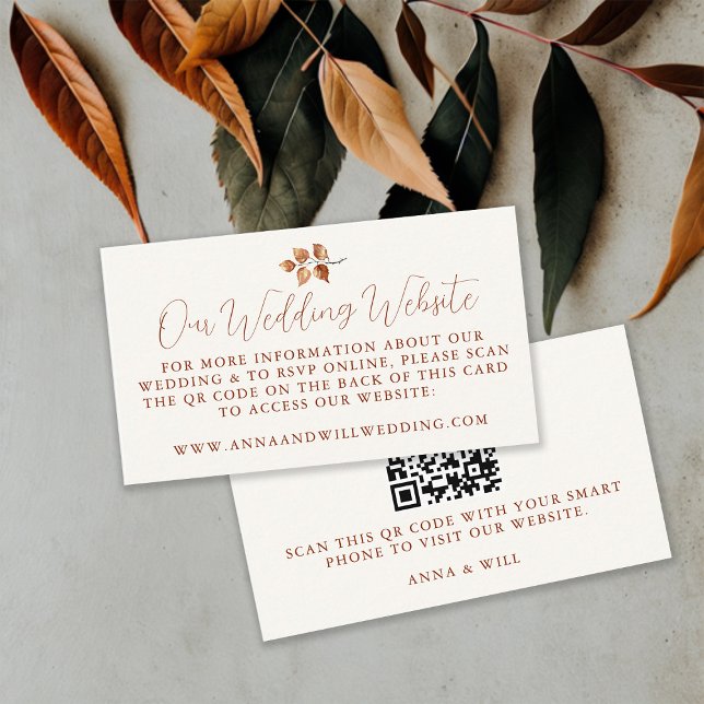 Wedding Website QR Code Fall Leaves Wedding Enclosure Card (Wedding Website QR Code Fall Autumn Leaves Terracotta Burnt Orange Modern Calligraphy Sophisticated)