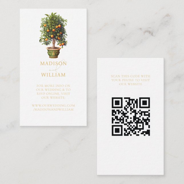 Wedding Website QR Code Orange Citrus Enclosure Card (Front/Back)