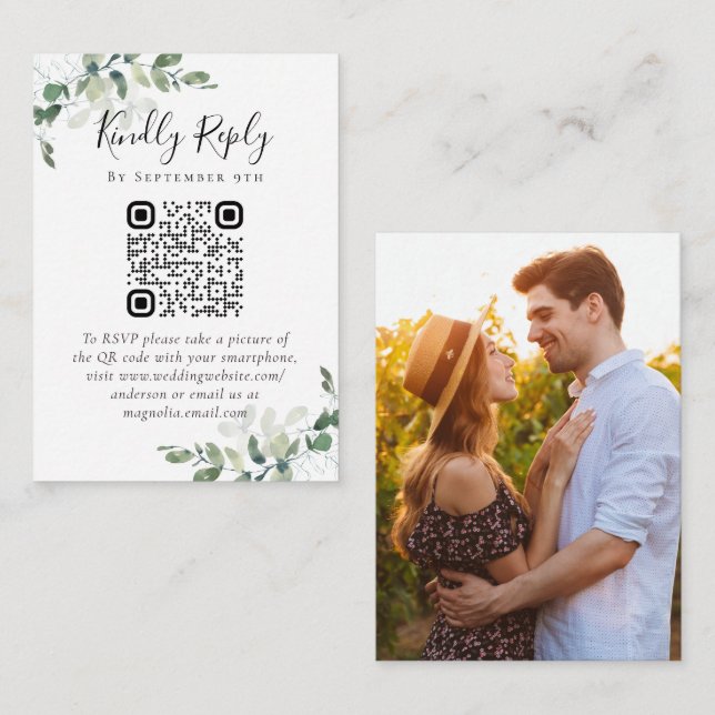 Wedding Website QR Code Photo Eucalyptus RSVP Enclosure Card (Front/Back)