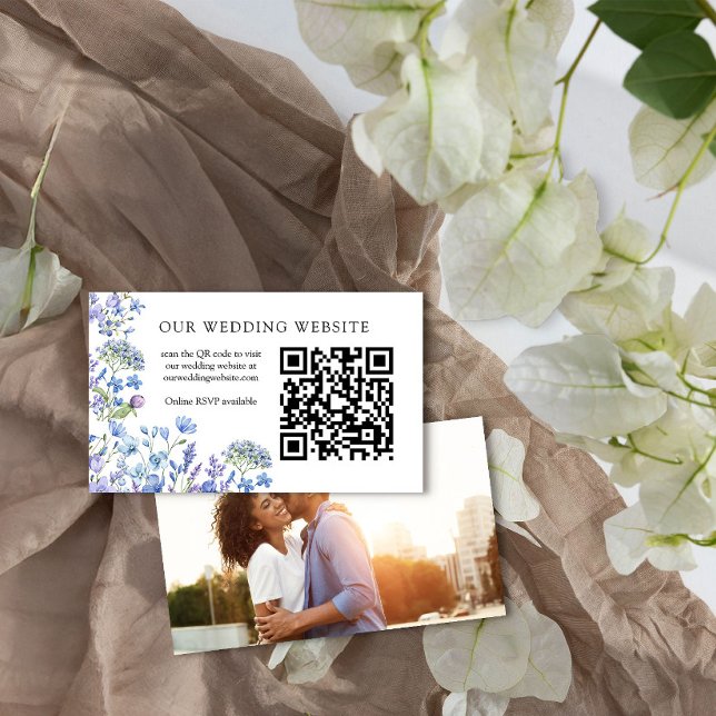 Wedding Website QR Code RSVP Periwinkle Wildflower Enclosure Card (Wedding Website card with qr code and photo - from Lilac + Periwinkle Wildflower Wedding Collection)