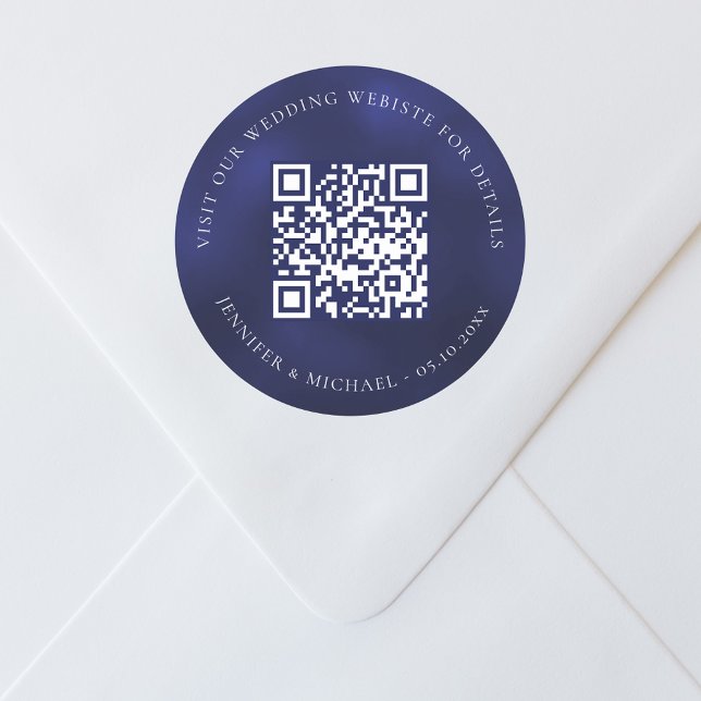 Wedding website QR details information rsvp blue Classic Round Sticker (Creator Uploaded)