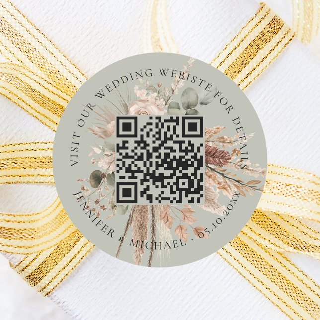 Wedding website QR details rsvp sage green pampas Classic Round Sticker (Creator Uploaded)
