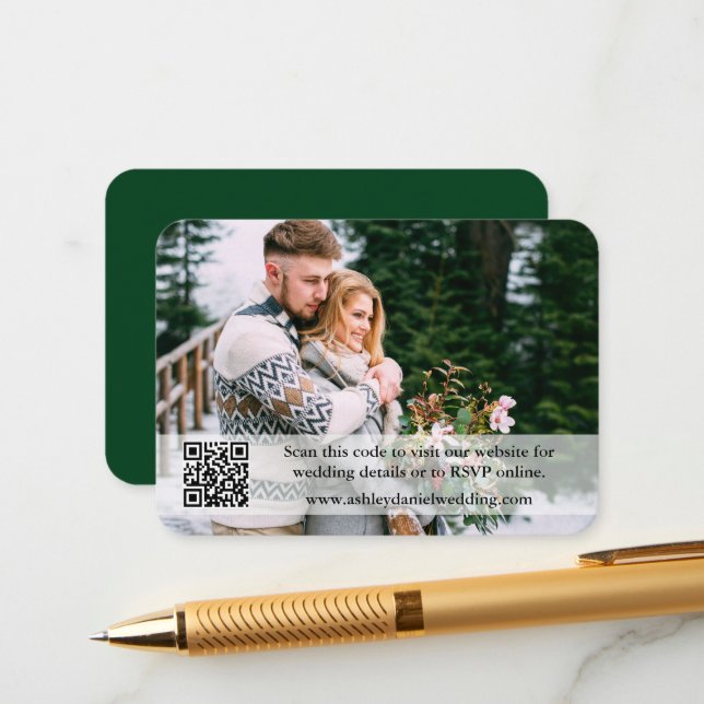 Wedding Website QR Overlay Photo Green Enclosure Card (Front/Back In Situ)