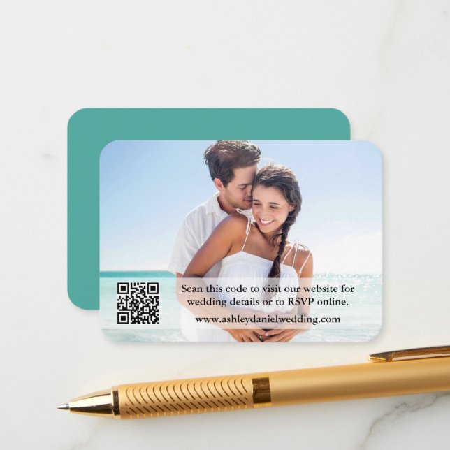 Wedding Website QR Overlay Photo Teal Enclosure Card (Front/Back In Situ)