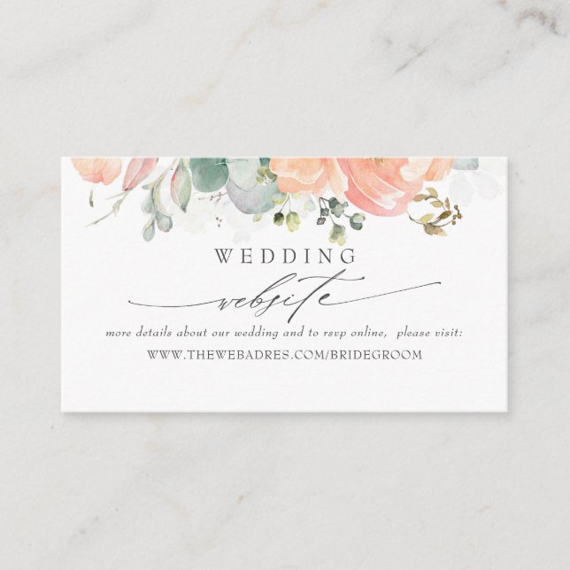 Wedding Website Sage and Peach Foliage Business Card (Front)