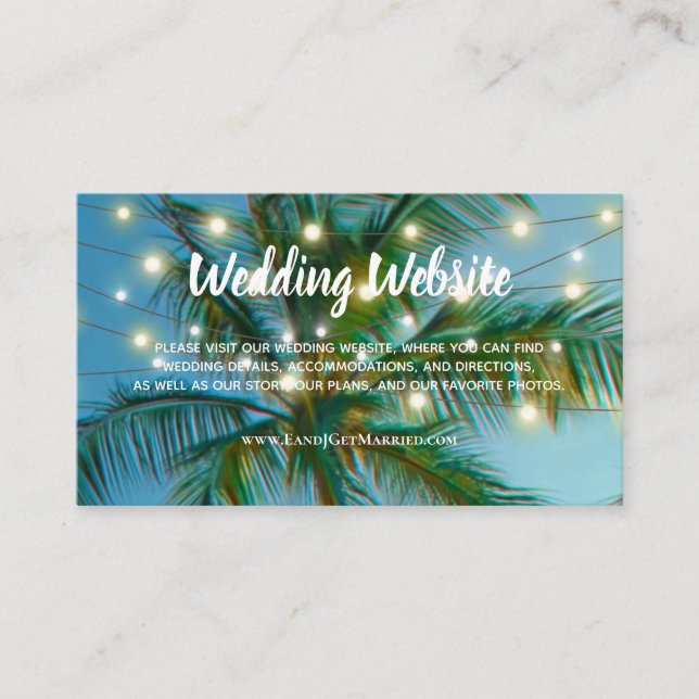 Wedding Website Tropical Beach String Lights Ombre Business Card (Front)