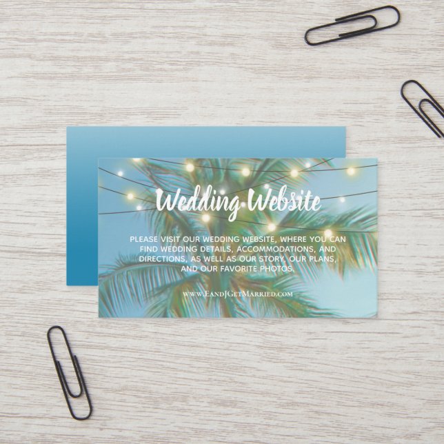 Wedding Website Tropical Beach String Lights Ombre Business Card (Front/Back In Situ)