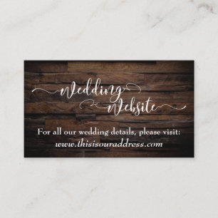 Wedding Website   White Script & Rustic Brown Wood Enclosure Card