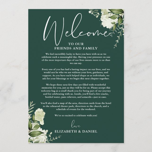 Wedding Weekend Itinerary Emerald Green Floral Program (Front)