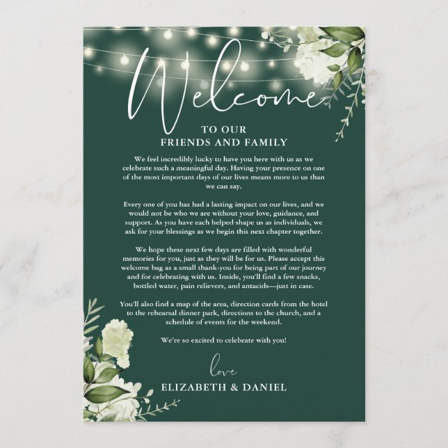 Wedding Weekend Itinerary Emerald Green Floral Program (Front)