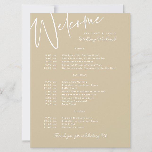 Wedding Weekend Itinerary Gold Welcome Card (Front)