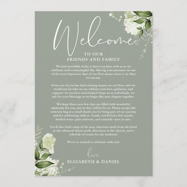 Wedding Weekend Itinerary Sage Green Floral Program (Front)