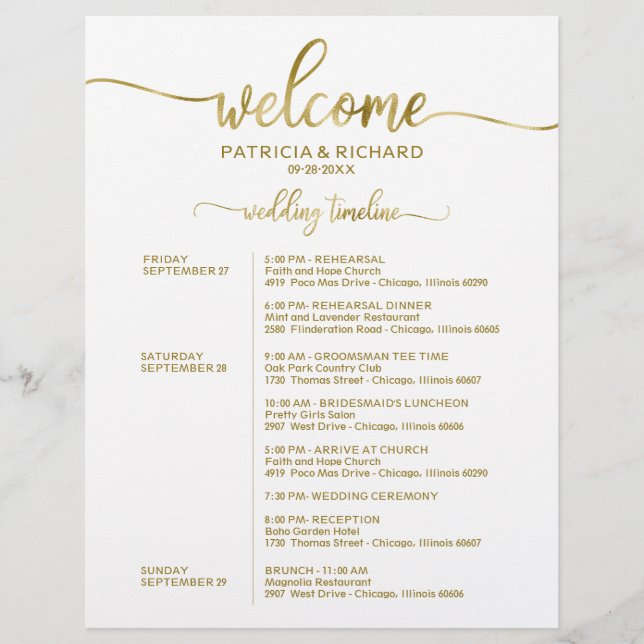 Wedding Weekend Itinerary Simple Chic Timeline (Front)