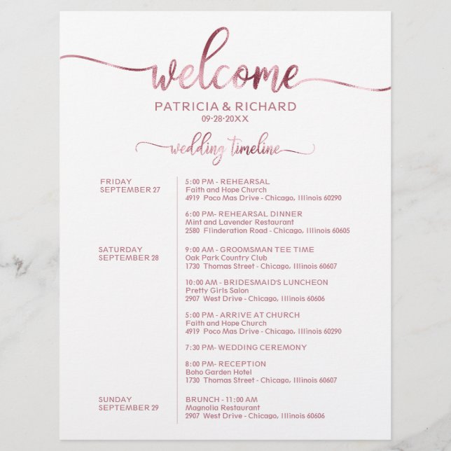 Wedding Weekend Itinerary Simple Chic Timeline (Front)