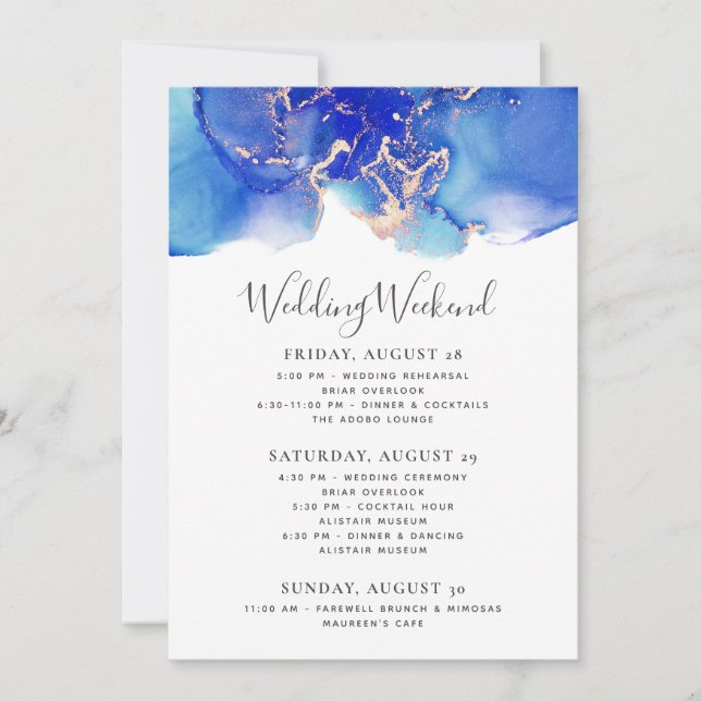 Wedding Weekend Itinerary Template Blue Watercolor (Front)