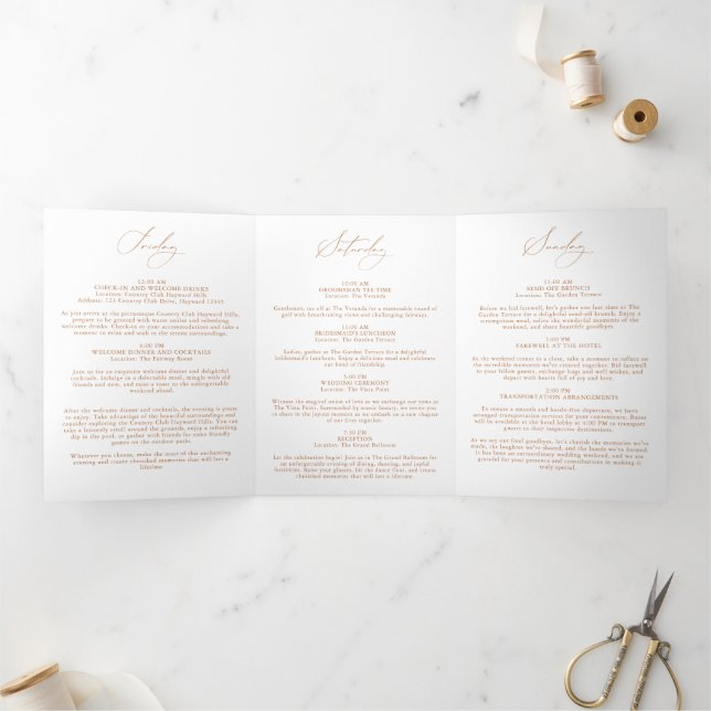 Wedding Weekend Itinerary Timeline Elegant Booklet Tri-Fold Holiday Card (Inside)