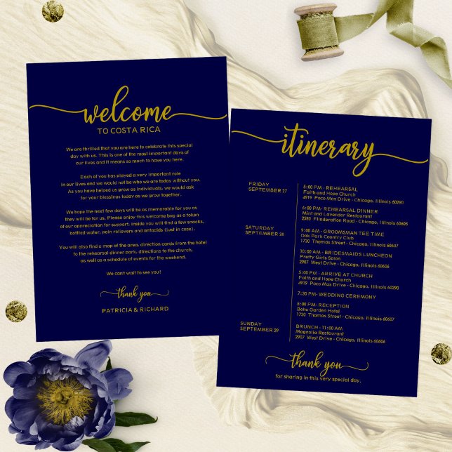 Wedding Weekend Welcome Itinerary Gold Navy Blue Invitation (Creator Uploaded)