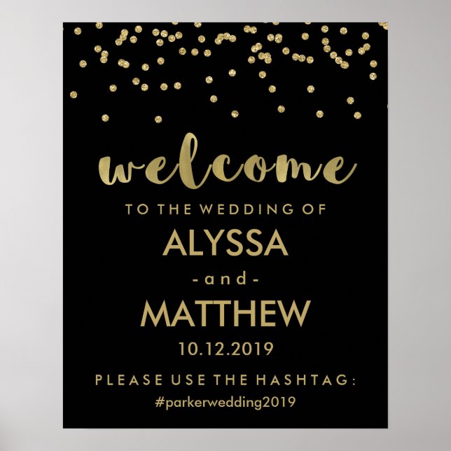 Wedding Welcome and Hashtag | Black and Gold Poster (Front)